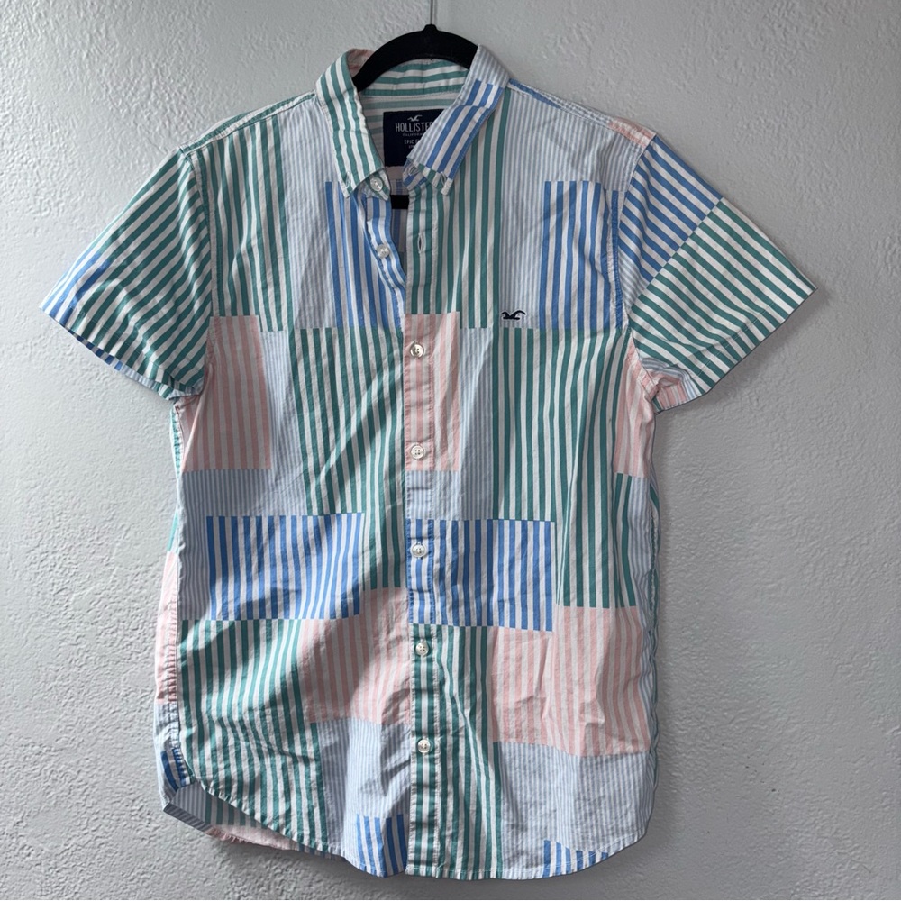 Hollister Pastel Epic Flex Patchwork Stripe Short Sleeve Button-Down Shirt